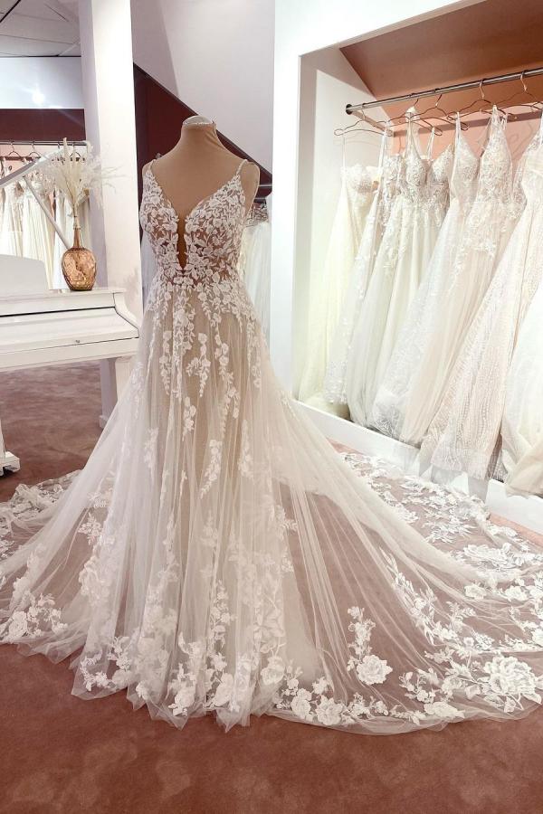 Gorgeous Spaghetti-Straps Lace Wedding Dress Tulle Sleeveless Bridal Gowns