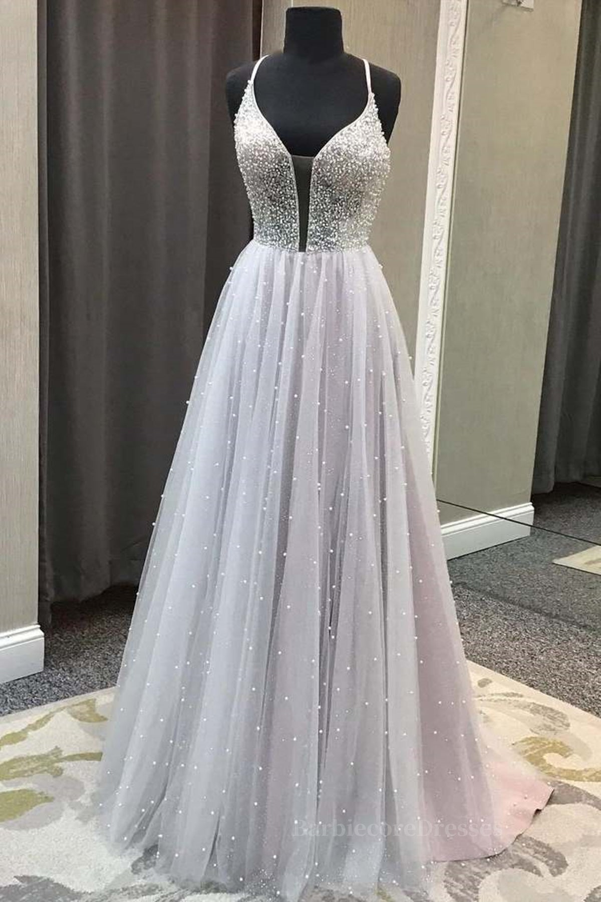 Gorgeous V Neck Backless Beaded Gray Tulle Long Prom Dresses, Backless Grey Formal Graduation Evening Dresses