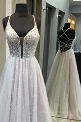 Gorgeous V Neck Backless Beaded Gray Tulle Long Prom Dresses, Backless Grey Formal Graduation Evening Dresses