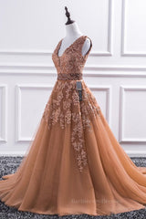 Gorgeous V Neck Champagne Lace Long Prom Dress, Champagne Lace Formal Graduation Evening Dress