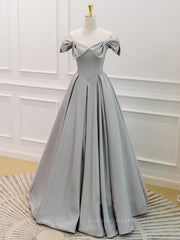 Gray A-Line Satin Long Prom Dress, Gray Formal Evening Dress