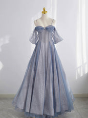 Gray Blue Tulle Tea Length Prom Dress, Blue A line Formal Dresses