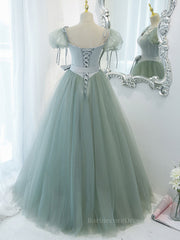 Gray Green A-Line Tulle Long Prom Dress, Gray Green Formal Dress