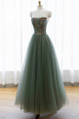 Gray Green Tulle Beaded Long Prom Dress, A-Line Evening Dress