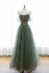 Gray Green Tulle Beaded Long Prom Dress, A-Line Evening Dress