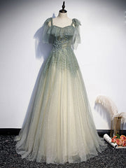 Gray Green Tulle Sequin Beads Long Prom Dress, Green Evening Dress