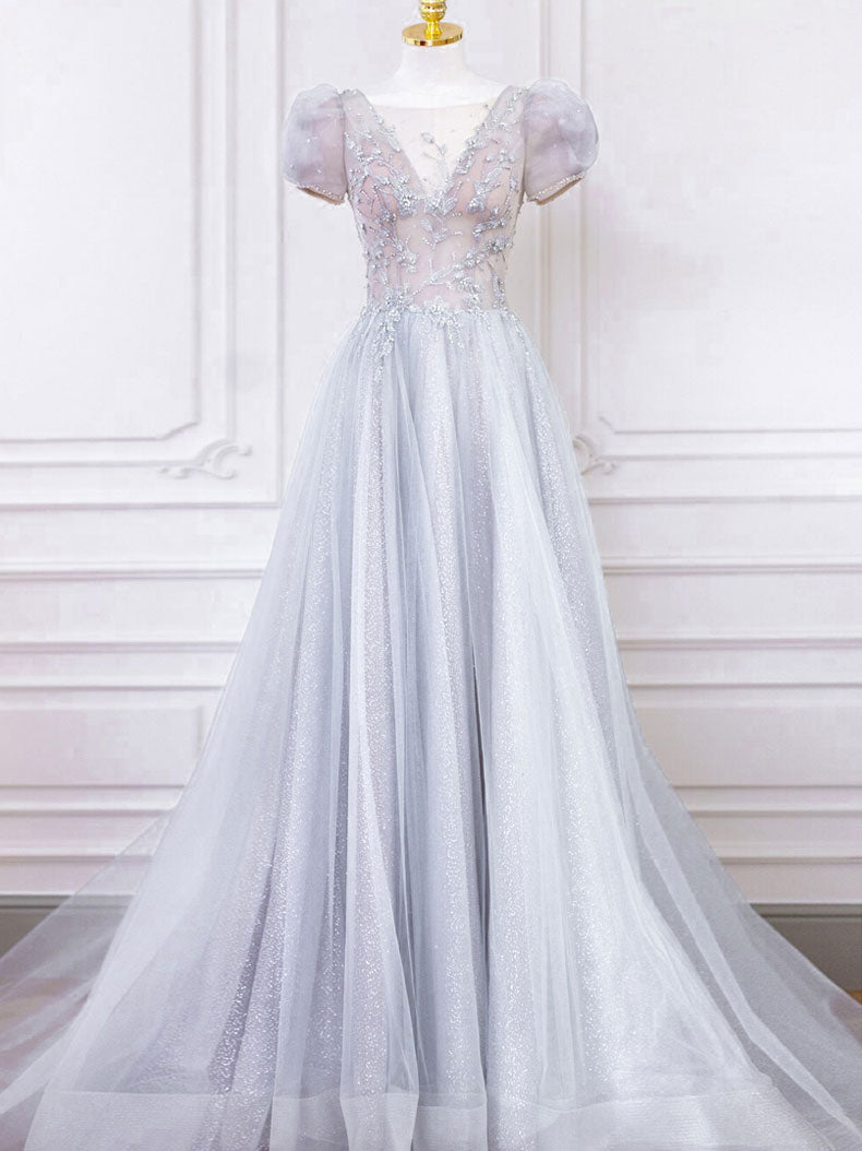 Gray Round Neck Tulle Lace Long Prom Dress, Gray Tulle Evening Dress