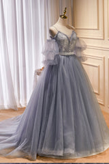 Gray Spaghetti Strap Lace Long Prom Dress, Off the Shoulder Evening Party Dress