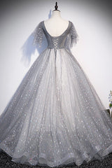 Gray V-Neck Tulle Sequins Long Prom Dress, A-Line Short Sleeve Evening Dress