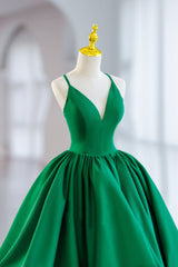 Green Satin Short A-Line Prom Dress, Green V-Neck Party Dress