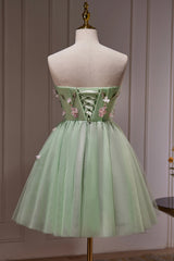 Green Strapless Tulle Short Prom Dress with Lace, Green Party Dress