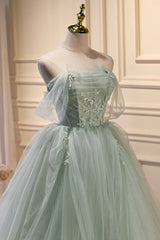 Green Sweetheart Beaded Tulle Long Prom Dress, Green Evening Dress