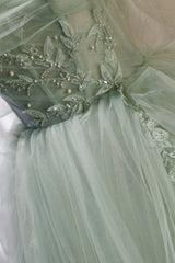 Green Sweetheart Beaded Tulle Long Prom Dress, Green Evening Dress