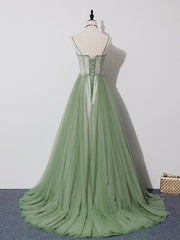 Green Tulle Lace Long Prom Dress, Green Tulle Long Formal Graduation Dress