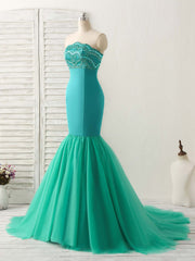 Green Tulle Mermaid Long Prom Dress Green Evening Dress