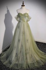 Green Tulle Sweetheart Neckline Long Prom Dress, Green Strapless Evening Dress