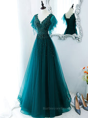 Green v neck tulle beads long prom dress, green tulle formal dress