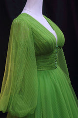 Green V-Neck Tulle Long Prom Dress, Long Sleeve Green Formal Evening Dress