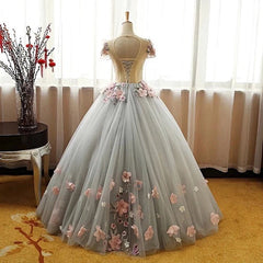 Grey Ball Gown 3D Flowers Princess Party Gown,Sweet 16 Quinceanera Dress Ball Gowns