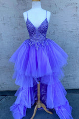 High Low V Neck Purple Lace Long Prom Dress, Lilac Lace Formal Dress, Purple Evening Dress