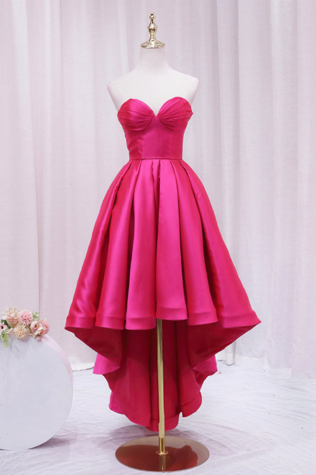 Hot Pink Satin High Low Prom Dress, Cute Sweetheart Neck Evening Party Dress