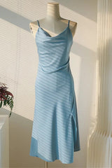 Ice Blue Cowl Neck Mid-Calf Length Bridesmaid Dress