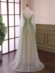 Light Green Tulle Long Sleeve Prom Dress, Green Gradient Floor Length Evening Dress