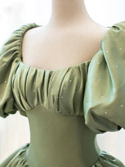 Green Satin Formal Evening Gown with  Puff Sleeve, A-Line Long Prom Dress