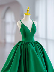 Green V-Neck Satin Short Prom Dress, A-Line Green Evening Dress