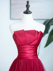 Burgundy Strapless Tulle Prom Dress, Burgundy Long Formal Dress