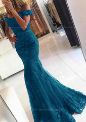 Lace Long Floor Length Trumpet Mermaid Sleeveless Off The Shoulder Zipper Prom Dress With Appliqued Beaded