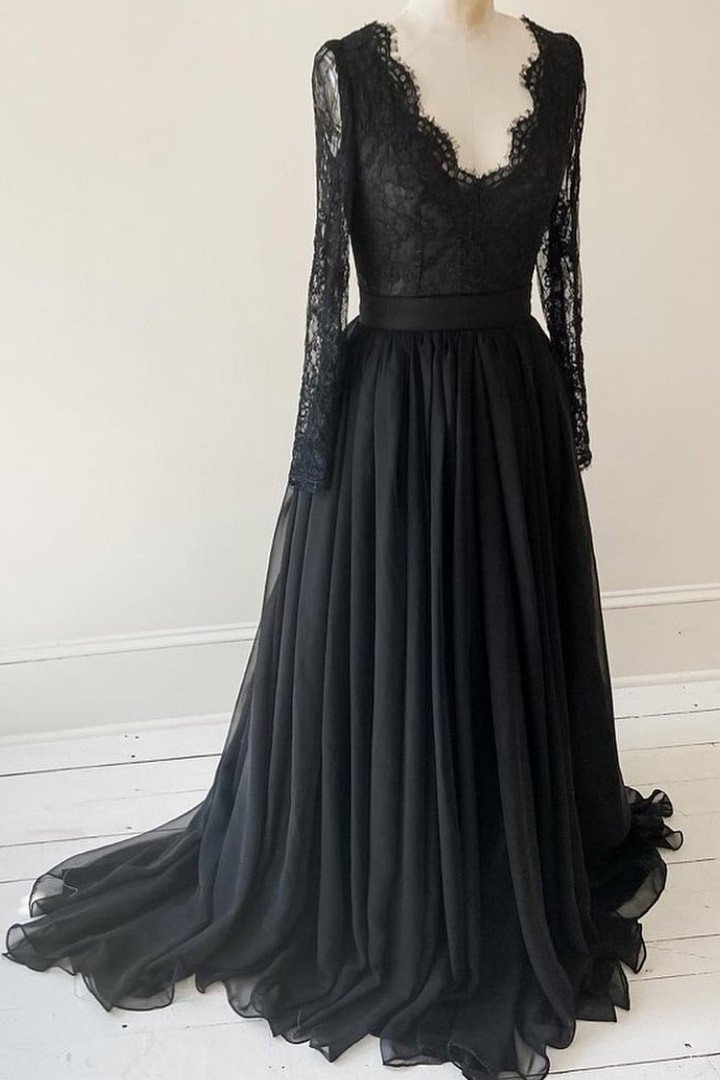 Lace Long Sleeves Black Evening Gown with Chiffon Skirt