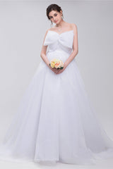 Lace Sheer Waist Long Pleated A-line Train Wedding Dresses with Half Sleeves