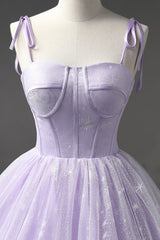 Lavender Tulle Straps Floor Length Evening Dress, Lavender A-Line Prom Dress