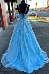 Light Blue Appliques V-Neck Belted A-Line Prom Dress