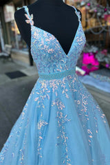 Light Blue Appliques V-Neck Belted A-Line Prom Dress