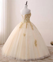 Light Champagne Ball Gown Party Dress, Sweet 16 dress with Gold Applique