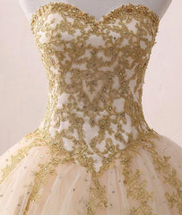 Light Champagne Ball Gown Party Dress, Sweet 16 dress with Gold Applique