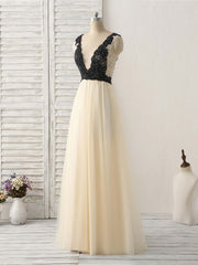 Light Champagne V Neck Beads Tulle Long Prom Dress, Champagne Formal Dress