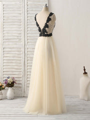 Light Champagne V Neck Beads Tulle Long Prom Dress, Champagne Formal Dress