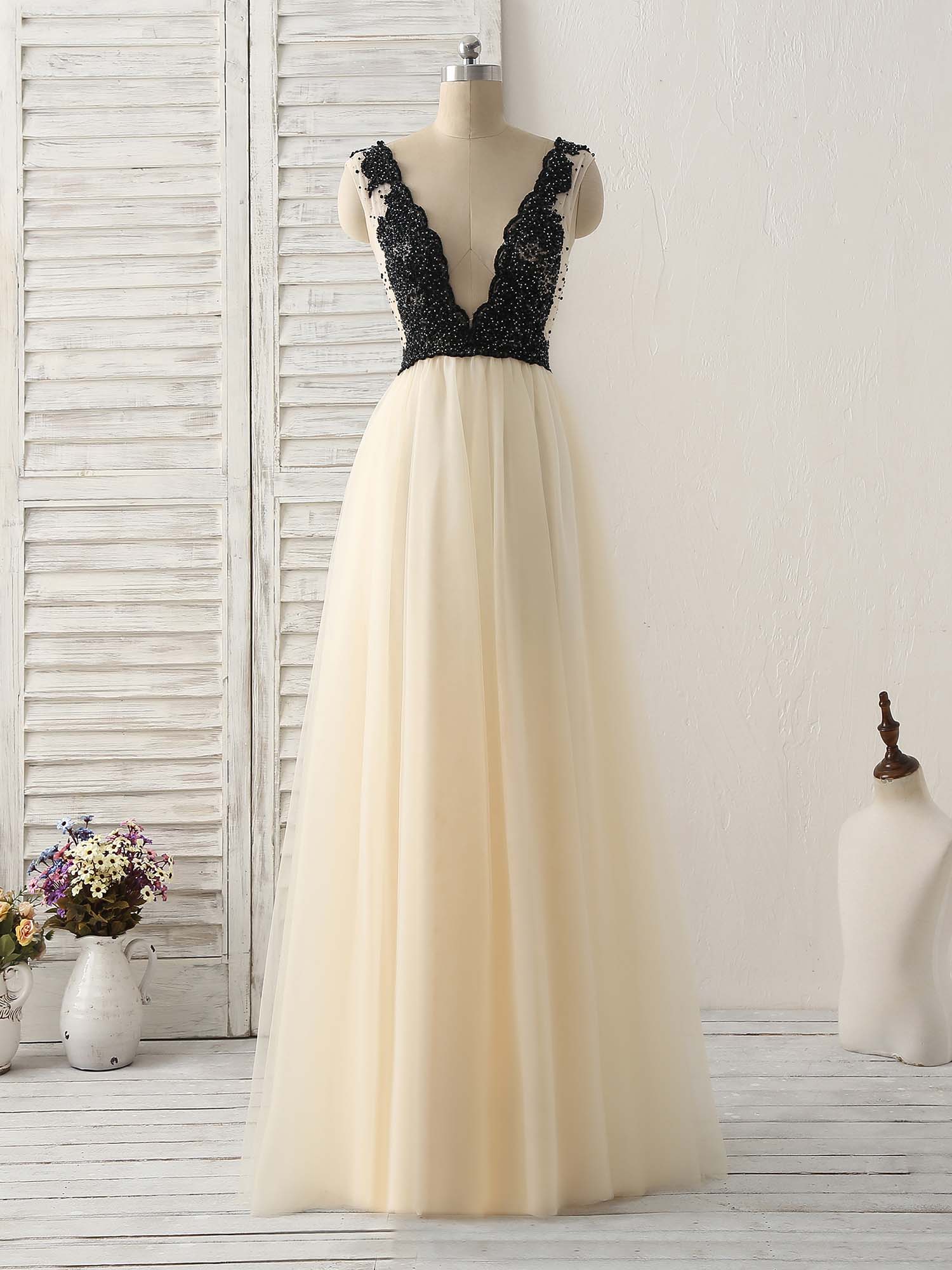 Light Champagne V Neck Beads Tulle Long Prom Dress, Champagne Formal Dress