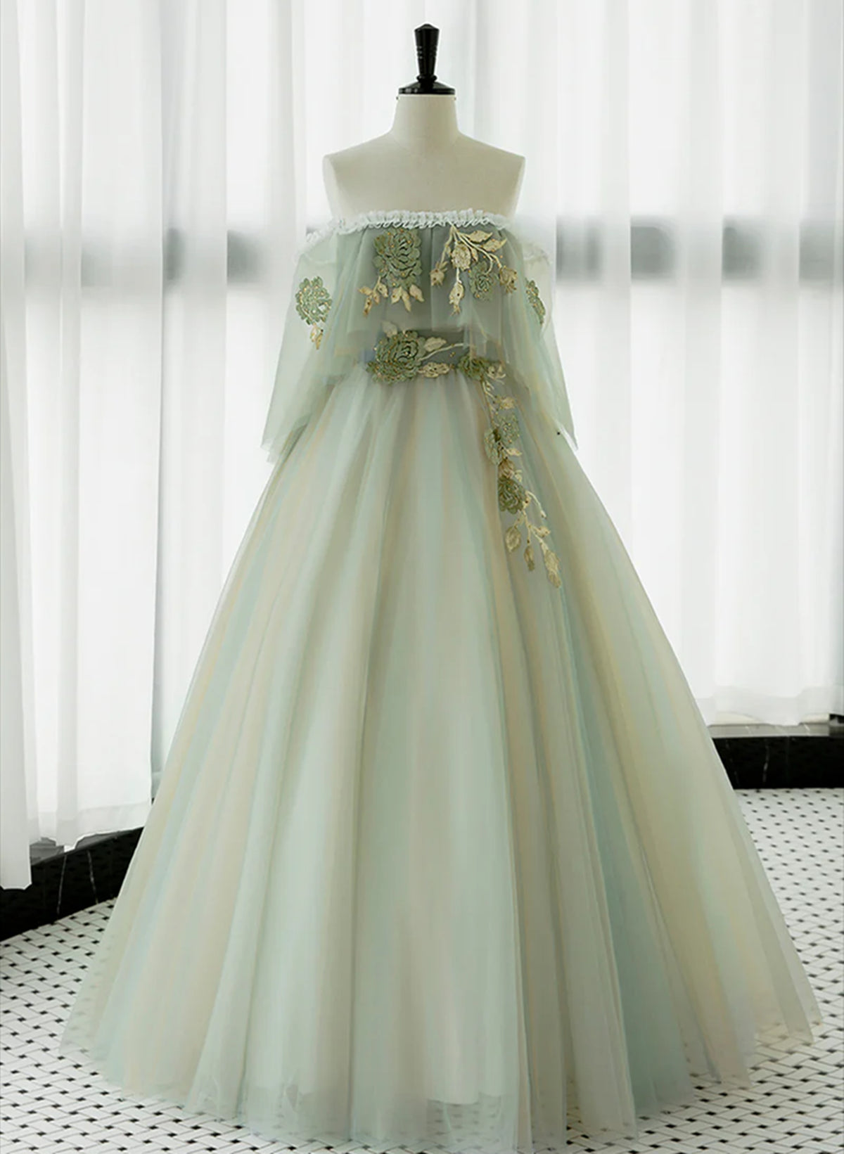 Light Green Strapless A-line Tulle Prom Dress,Unique Evening Dresses