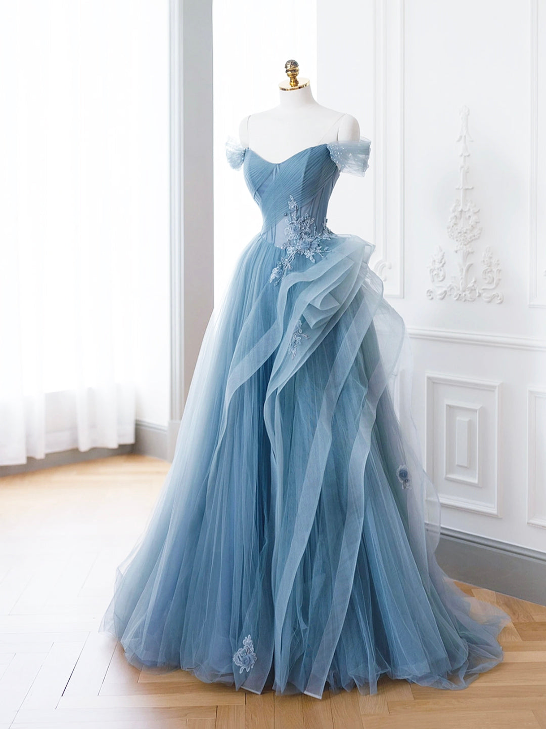 Blue Tulle Lace Long Formal Dress, A-Line Blue Evening Prom Dress