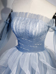 Blue Strapless Tulle Long Prom Dress, Chic A-Line Formal Dress with Long Sleeves