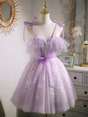 Lovely Spaghetti Strap Tulle Lace Short Prom Dress, Lavender A-Line Party Dress