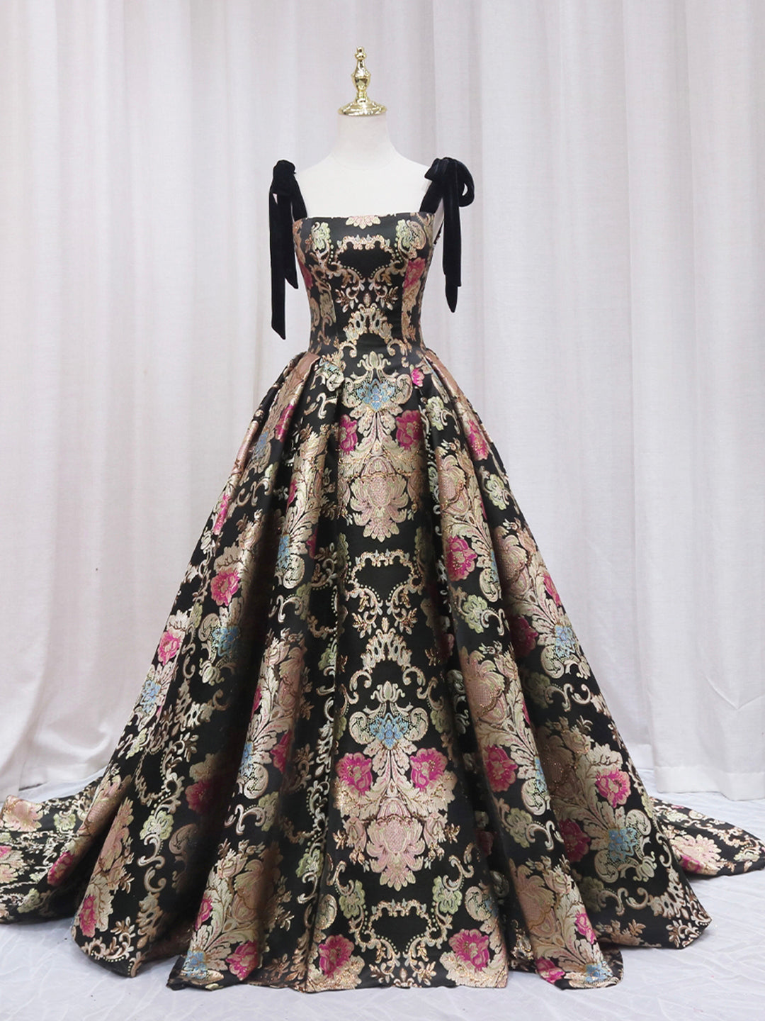 Black Floral Floor Length Prom Dress, A-Line Black Evening Dress