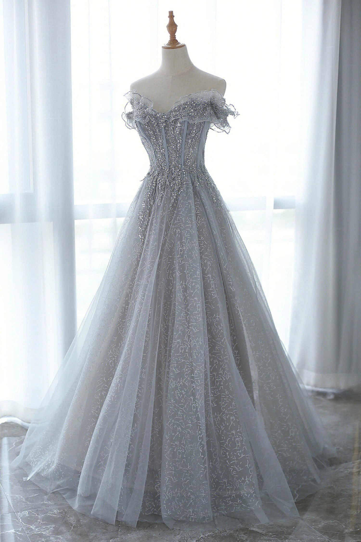 Gray Tulle Sequins Long Prom Dress, Off the Shoulder Evening Dress