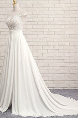 Long A-line Appliques Lace Chiffon Wedding Dress with Slit