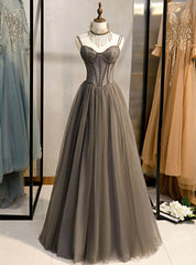 Long Grey Tulle Prom Dress Corset With Beaded Neck A Line