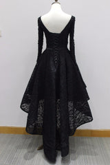 Long Sleeves Lace High Low Party Dress , Beaded Black Evening Dress